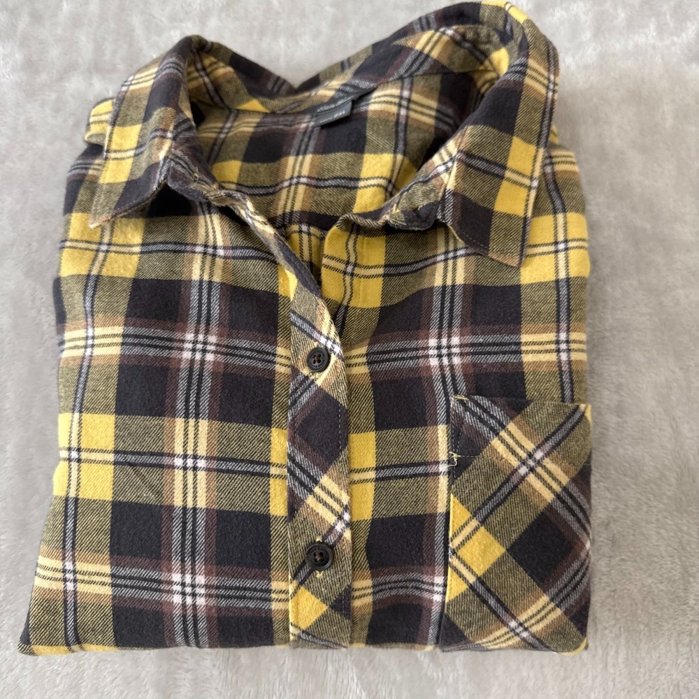 Eddie Bauer Women's 2XL Yellow Brown Plaid Flannel Button Down Shirt Top